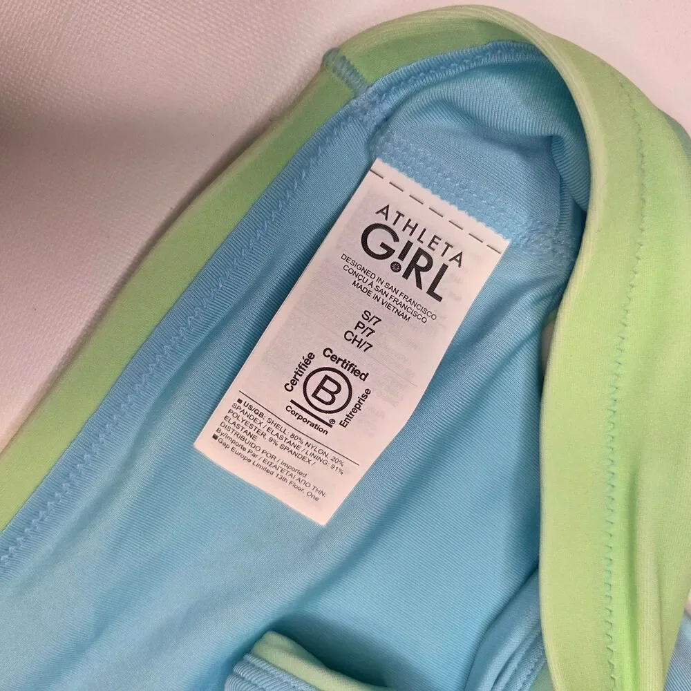 Athleta Girl High Neck Bikini Top Sports Bra NWT s 7 Small Hombre Blue Green